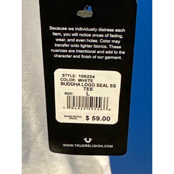 True Religion White Buddha Logo Seal SS Tee Large New With Tags $59 - Picture 3 of 5